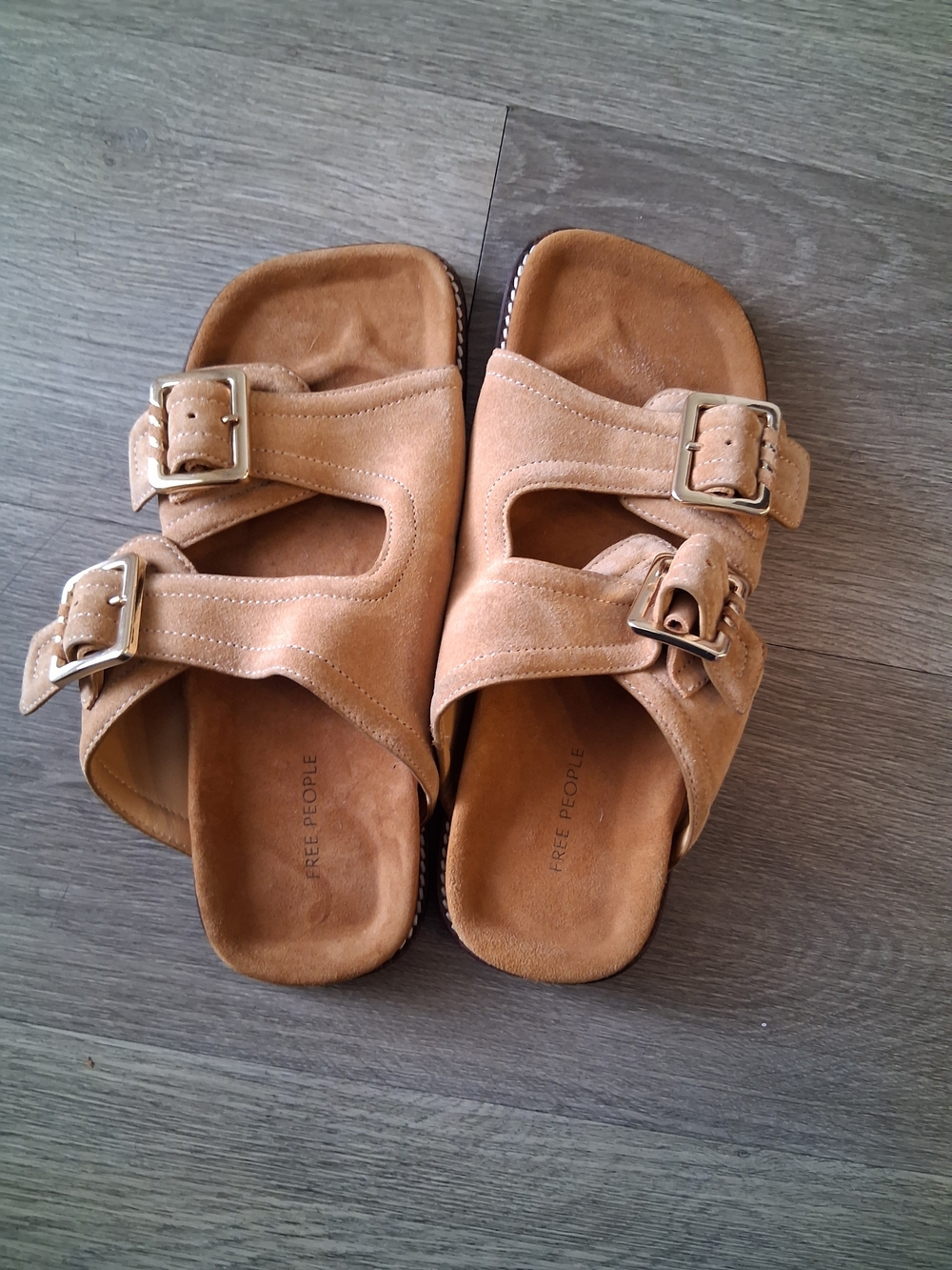 Free People Tan Suede Double-Buckle Slide Sandals